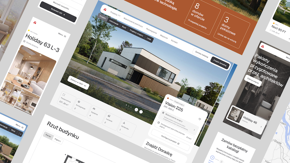 Zrzut ekranu prezentujący nową platformę internetową Danwood opartą na Magnolia CMS – katalog domów prefabrykowanych z projektami Holiday i Vision, konfigurator wnętrz, rzut budynku, prezentacja pakietów wykończenia przygotowanych przez architektów oraz sekcja zamówienia bezpłatnego katalogu. Interfejs zaprojektowany z myślą o użytkownikach mobilnych i desktopowych.